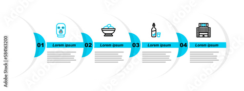 Set line Hotel Ukraina building, Vodka with pepper and glass, Varenyky bowl and Thief mask icon. Vector