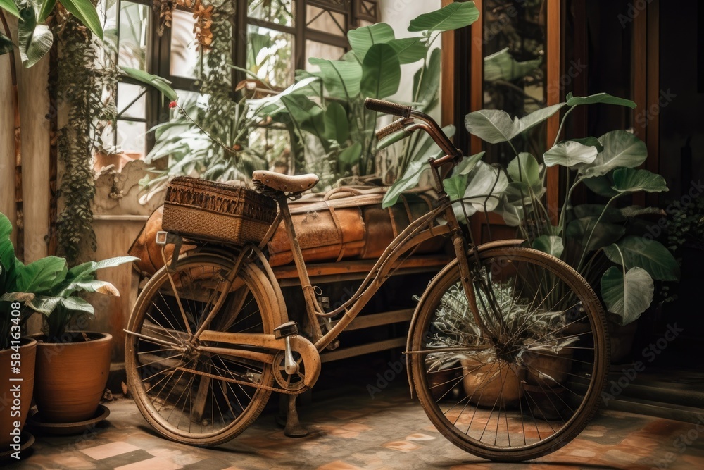 Antique bicycle in bohemian house. Generative AI