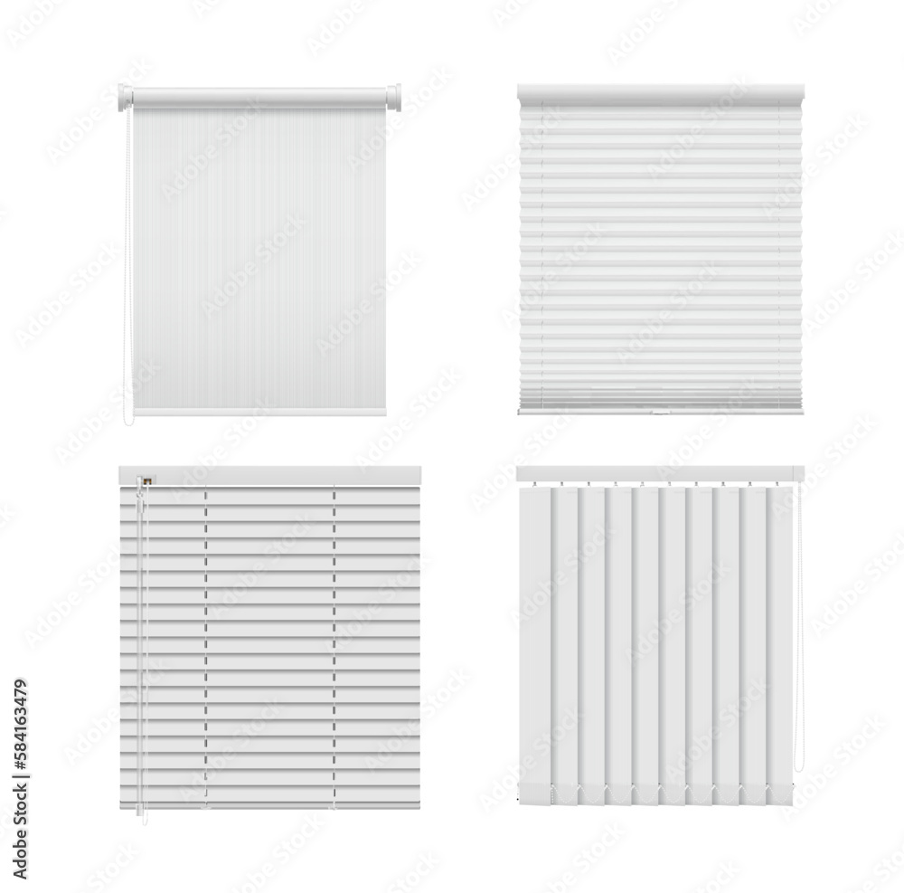 Roller window blinds and curtains. Roll jalousie, and roman