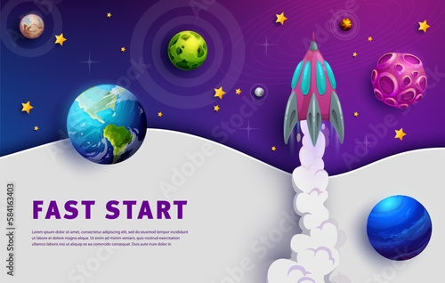 Fototapeta Naklejka Na Ścianę i Meble -  Space landing page, start up concept, galaxy planets and spaceship launch, vector business website template. Galaxy planets and rocket shuttle start up background for business web site or landing page