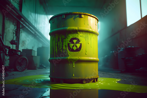 A vivid depiction of a hazardous material spill, with a luminescent yellow barrel marked with the biohazard symbol, set against the dim backdrop of an industrial warehouse photo