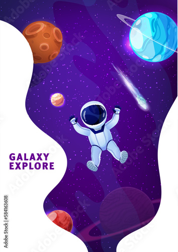 Cartoon astronaut in outer space. Space landing page vector template of business launch or internet startup with fantasy galaxy planets, stars and spaceman. Astronomy web banner or landing page layout