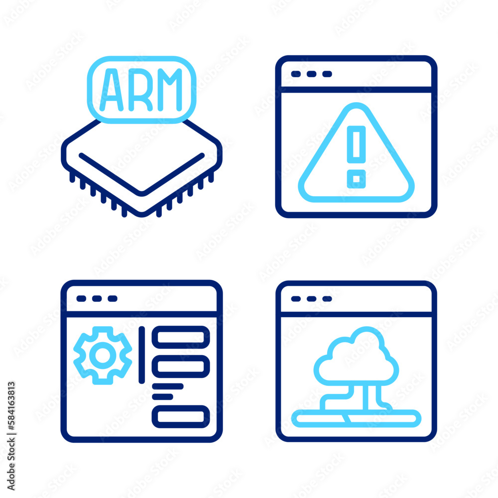 Set line Cloud technology data transfer, Browser setting, with exclamation mark and Processor icon. Vector Set line Cloud technology data transfer, Browser setting, with exclamation mark and Processor icon. Vector
