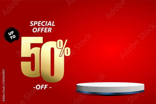 50 percent off sale isolated gold red sticker icon with podium. can used for business store.
