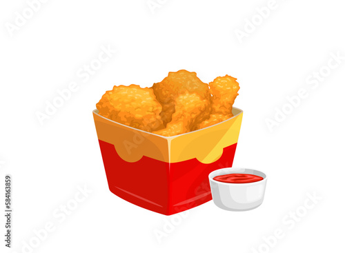 Cartoon fried chicken legs. Isolated vector carton box full of crispy nuggets and bowl with sauce or ketchup. Fast food, crunchy pieces, street junk takeout meat meal for cafe or restaurant menu