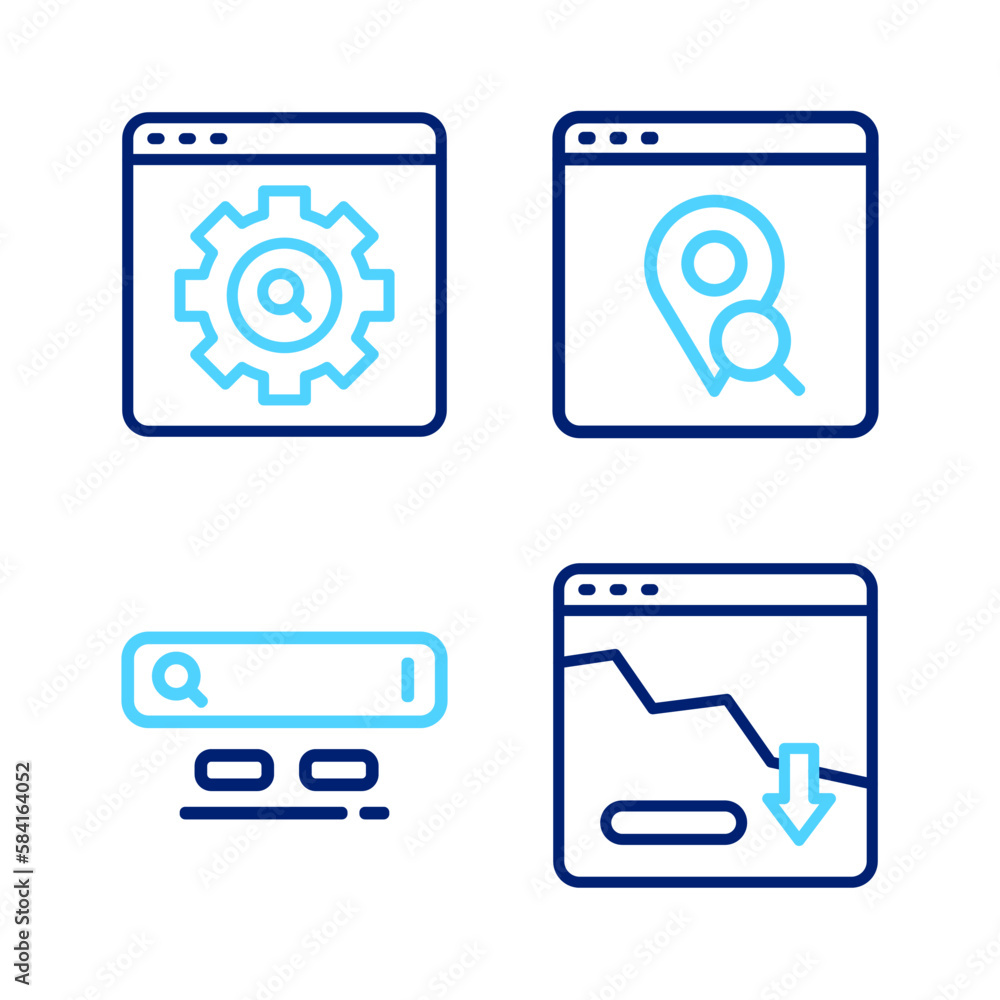 Set line Financial growth decrease, Search engine, Infographic of city map and Browser setting icon. Vector Set line Financial growth decrease, Search engine, Infographic of city map and Browser setting icon. Vector