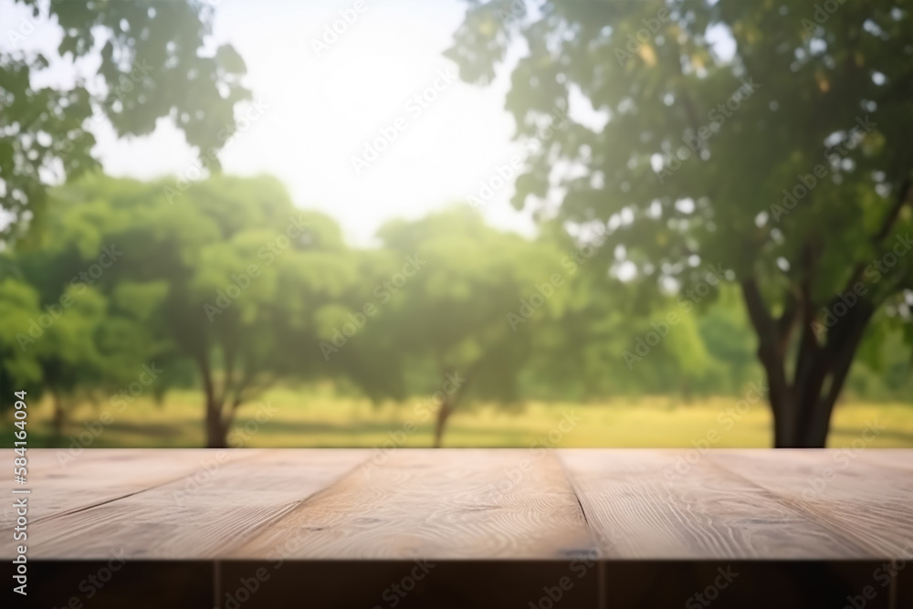 Empty wood table with free space, tree leaves on both sides, blurred farm in background.