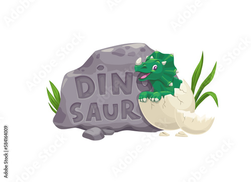 Cartoon triceratops dinosaur character and dino egg. Isolated vector cute newborn baby of Jurassic era broken in egg shell and font on stone plate. Cute monster reptile personage for kids game or book