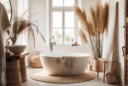 A boho chic bathroom with a white wall and a free standing white bath. Dry grass decor. Vertical image. Generative AI