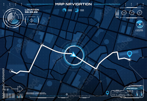 HUD city map navigation interface screen, route, dashboard. Vector streets and roads plan with destination route and pin, location and distance data, futuristic town roadmap for navigate app ui or gui