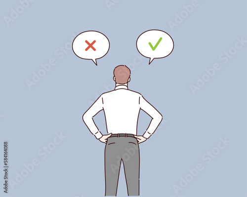 A concept of making a choice. Man choose between right or left, yes or no, Business decisions, ethical dilemma, choose, choice. Hand drawn style vector design illustrations.