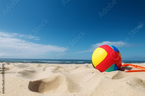 beach ball and snorkel on the sand  slue sky  Summer vacation concept with copy space.