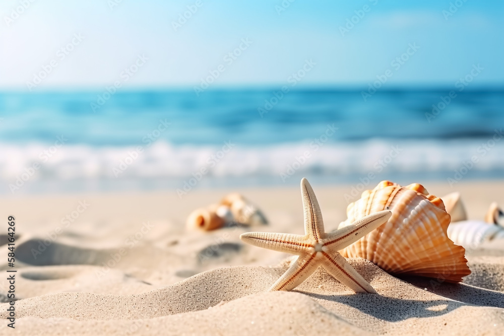 beautiful sea shells on the seashore with room for a product or advertising text with copy space.