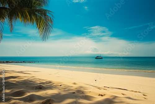White sand on the beach, ocean coast, palm, ocean and sand, rest on the sea with copy space.