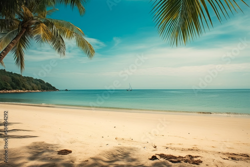 White sand on the beach, ocean coast, palm, ocean and sand, rest on the sea with copy space.