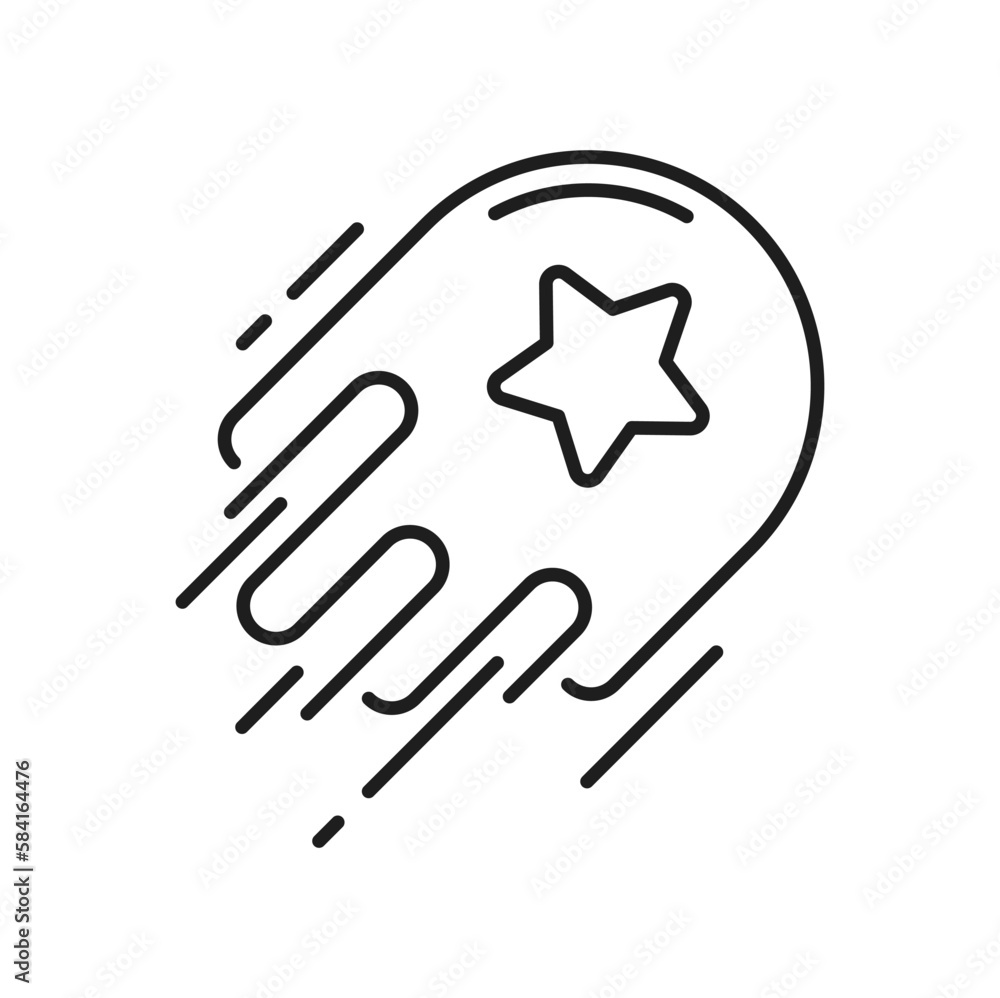 Flaming spacecraft on start, speed spaceship, beginning of sale isolated thin line icon. Vector star rocket startup with star, prize reward special bonus Flaming spacecraft on start, speed spaceship, beginning of sale isolated thin line icon. Vector star rocket startup with star, prize reward special bonus