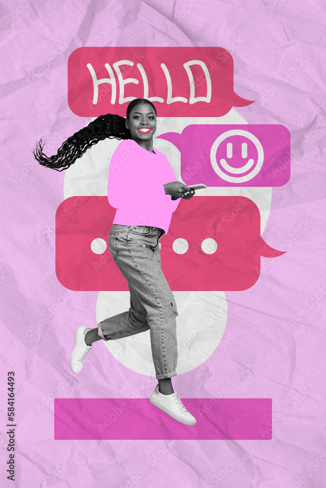 Creative abstract template collage of excited crazy female running jumping hold device have fun social media influencer communicate Creative abstract template collage of excited crazy female running jumping hold device have fun social media influencer communicate