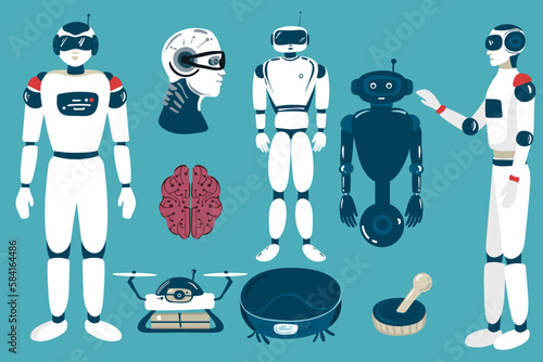 set of Alien robots, future technology cartoon characters. Robotic life forms, futuristic machines or cyborgs workers with artificial intelligence, vector,