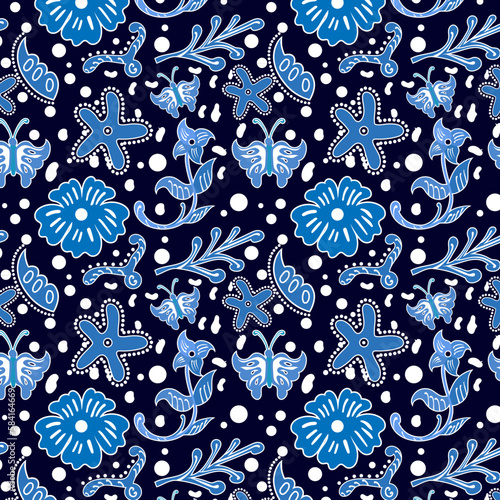 Indonesian batik Decorative floral seamless pattern, fashion background. dyeing applied to whole cloth, or cloth made using this technique originated from Indonesia.