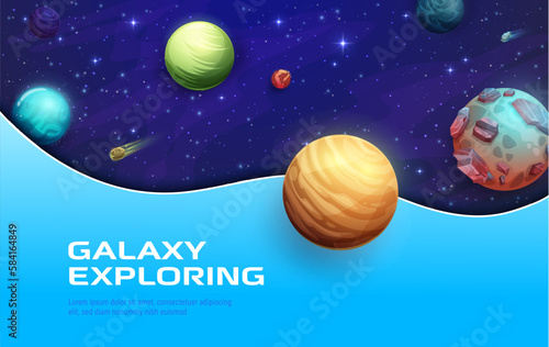 Space landing page with 3D galaxy planets  stars and starry universe  vector background. Galaxy exploring landing page or website template with cosmic fantasy world alien planet and meteorites