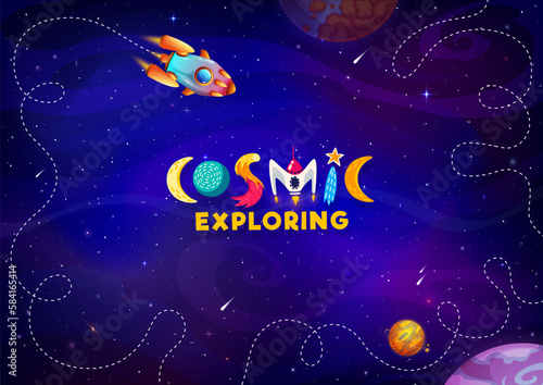 Cartoon starry space background, rocket and stars or galaxy planets, vector cosmic fantasy. Spaceship rocket in spaceflight to galaxy planets in outer space to moon or earth, cosmos sky and asteroids