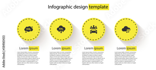 Set CO2 emissions in cloud, Methane reduction, Car sharing and Music streaming service. Business infographic template. Vector