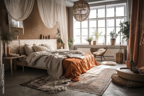 Contemporary house decor. Orange pillows, blanket, canopy bed. Scandinavian bedroom. Boho chic apartment room. Cozy bed. Generative AI