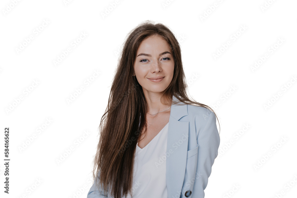 Portrait of gorgeous blonde Caucasian young woman in light blue jacket looking at camera confidently over transparent background with empty space. Mockup, beautiful successful people. Candid female Portrait of gorgeous blonde Caucasian young woman in light blue jacket looking at camera confidently over transparent background with empty space. Mockup, beautiful successful people. Candid female