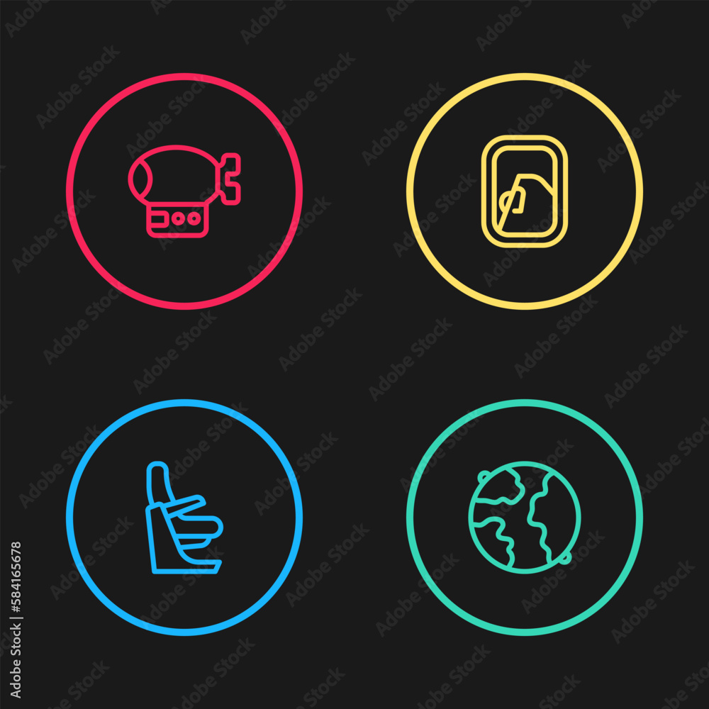 Set line Airplane seat, Worldwide, window and Airship icon. Vector Set line Airplane seat, Worldwide, window and Airship icon. Vector