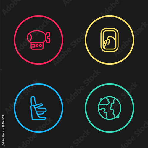 Set line Airplane seat, Worldwide, window and Airship icon. Vector