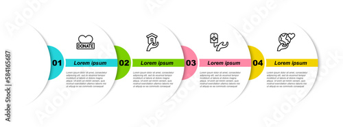 Set line Donation and charity, Shelter for homeless, Blood donation and Hand holding Earth globe. Business infographic template. Vector