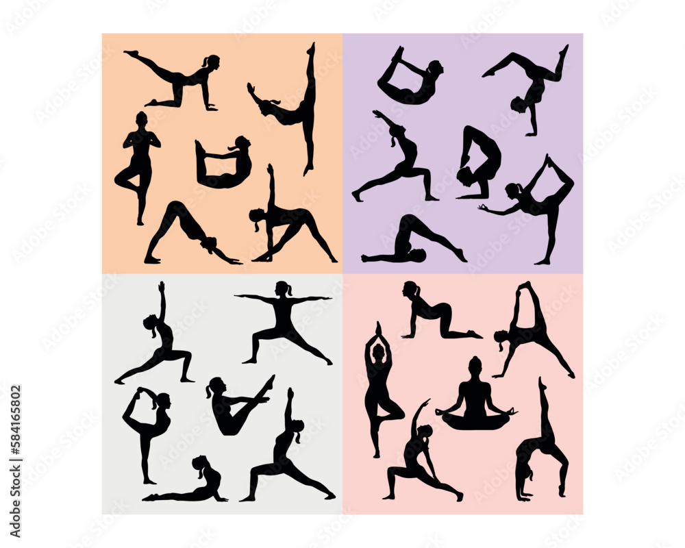 The silhouette of a young woman doing yoga exercises on a four-color basis. a health-conscious lifestyle
