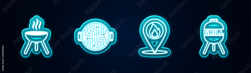 Set line Barbecue grill, with sausage, Location fire flame and . Glowing neon icon. Vector Set line Barbecue grill, with sausage, Location fire flame and . Glowing neon icon. Vector
