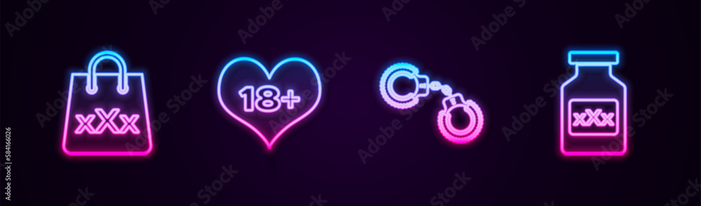 Set line Shopping bag with triple X, 18 plus content heart, Sexy fluffy handcuffs and Bottle pills for potency. Glowing neon icon. Vector Set line Shopping bag with triple X, 18 plus content heart, Sexy fluffy handcuffs and Bottle pills for potency. Glowing neon icon. Vector