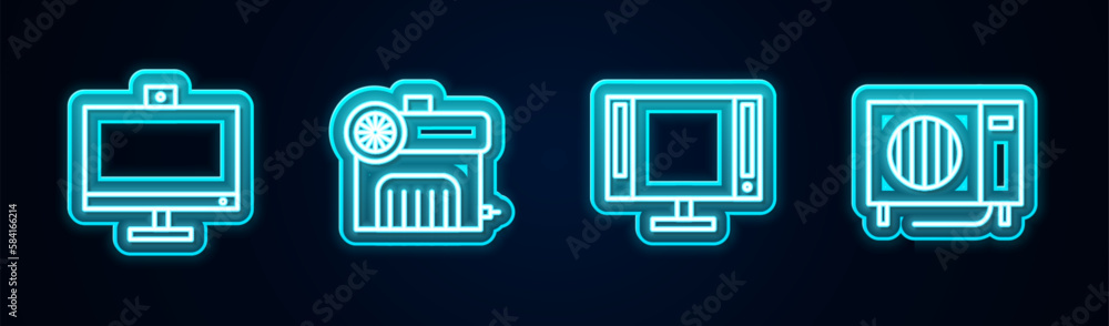 Set line Computer monitor, Air compressor, Smart Tv and conditioner. Glowing neon icon. Vector Set line Computer monitor, Air compressor, Smart Tv and conditioner. Glowing neon icon. Vector