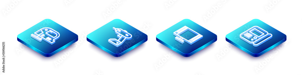 Set Isometric line Electric jigsaw, cordless screwdriver, Smart Tv and House intercom system icon. Vector Set Isometric line Electric jigsaw, cordless screwdriver, Smart Tv and House intercom system icon. Vector