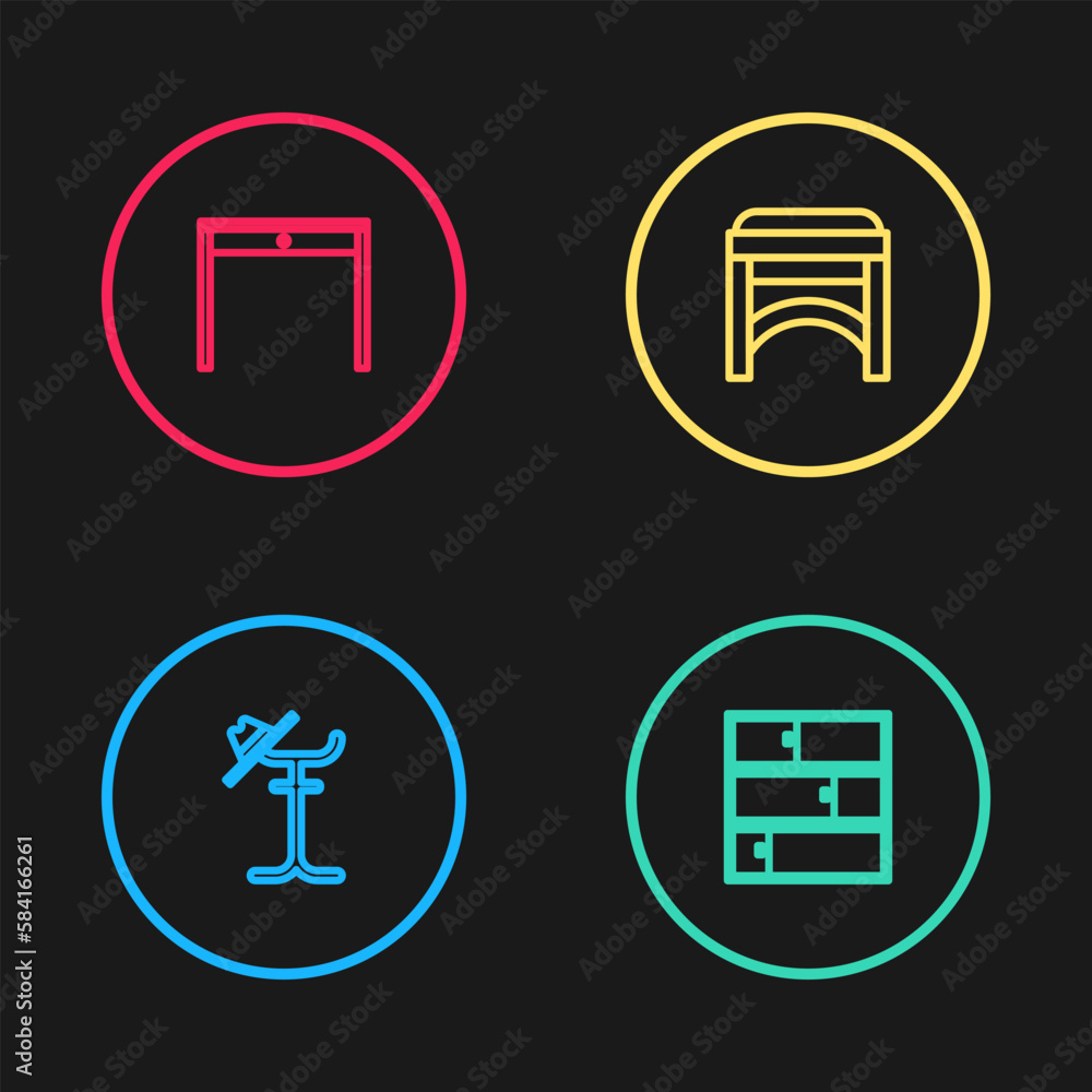 Set line Coat stand, Shelf, Chair and Wooden table icon. Vector Set line Coat stand, Shelf, Chair and Wooden table icon. Vector