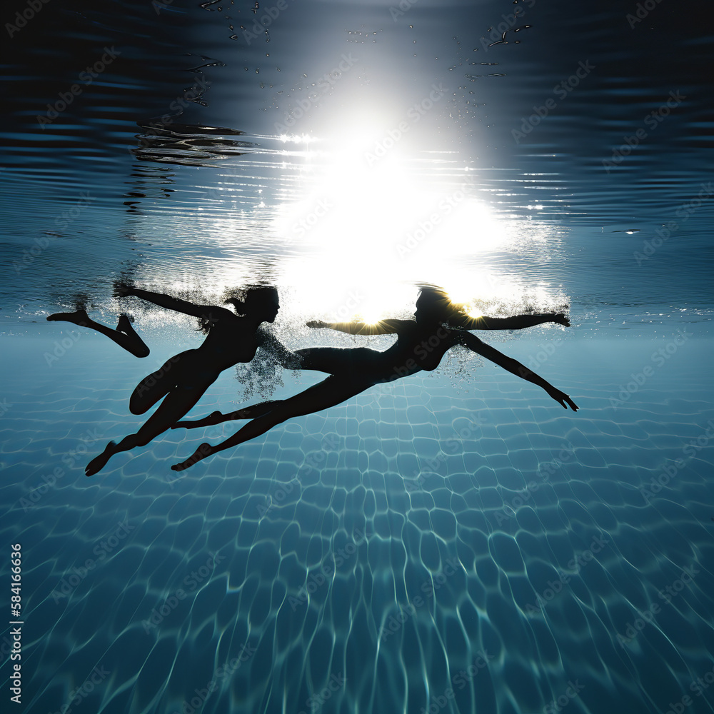 pair, synchronized, swimming, silhouette, jump, people, dance, jumping, woman, sky, sport, illustration, water, blue, abstract, vector, fun, person, sea, dancer, body, black, generative, ai