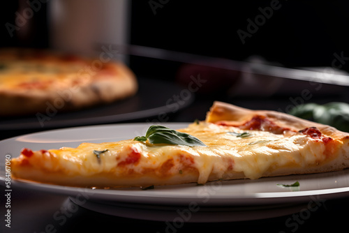 A piece of cheesy pizza close-up on a gray plate. Generative AI content.
