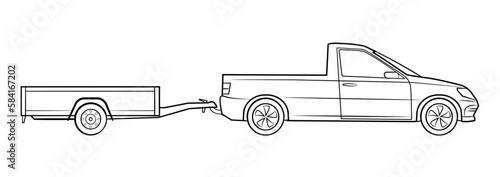 Pickup car with trailer vector stock illustration.