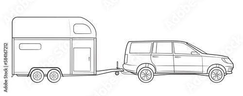 Van with horse trailer vector stock illustration.
