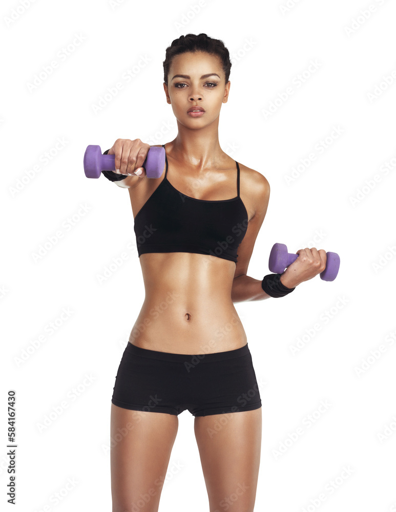 Body, woman and dumbbell exercise for fitness, weight loss diet or strong bodybuilding. Wellness, arm workout and portrait of training athlete girl on an isolated, transparent png background Body, woman and dumbbell exercise for fitness, weight loss diet or strong bodybuilding. Wellness, arm workout and portrait of training athlete girl on an isolated, transparent png background