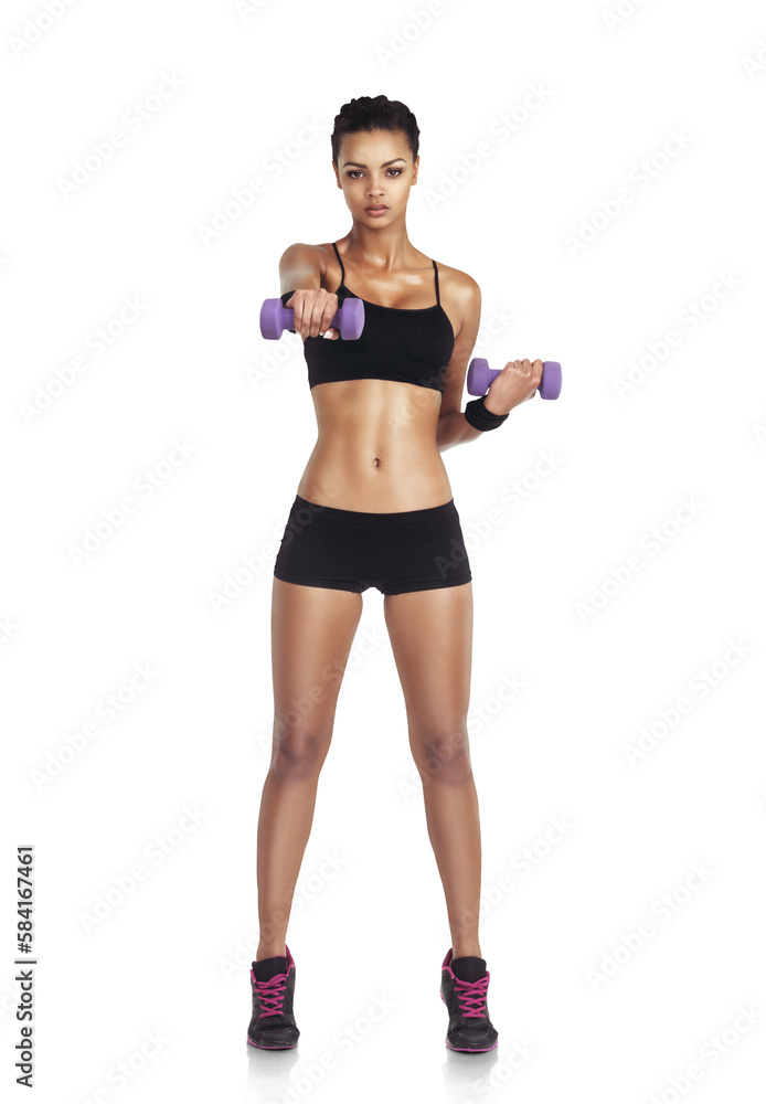 Body, woman and dumbbell exercise for fitness goals, weight loss diet or strong bodybuilding. Wellness, arm workout and portrait of training athlete girl on an isolated, transparent png background Body, woman and dumbbell exercise for fitness goals, weight loss diet or strong bodybuilding. Wellness, arm workout and portrait of training athlete girl on an isolated, transparent png background