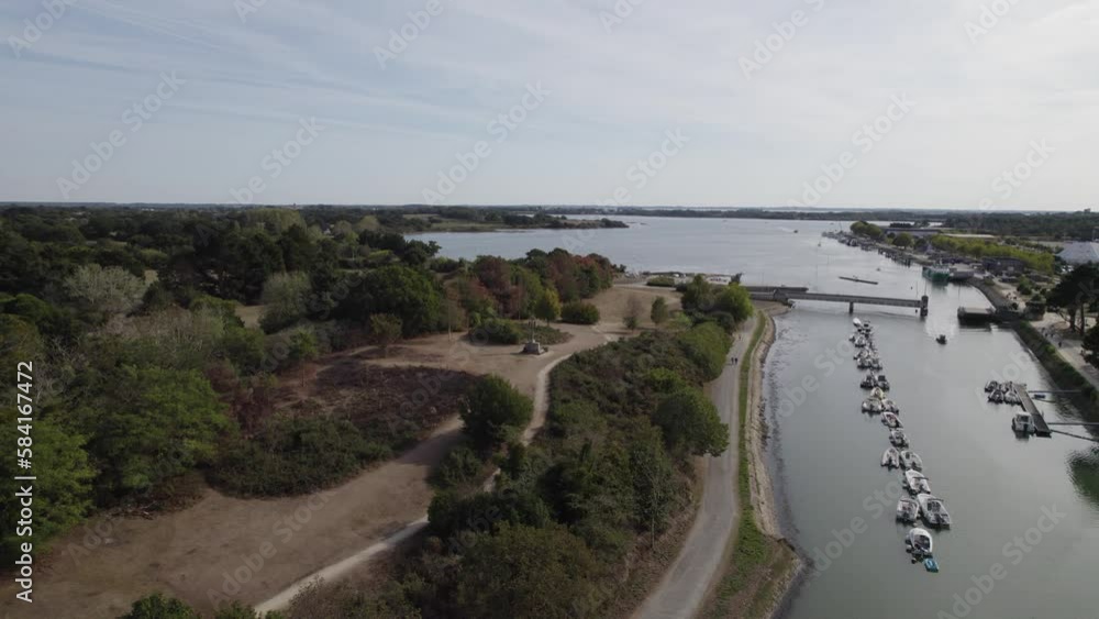 La Marle inlet nautical transit canal across Vannes Northern France with boats, Aerial flyover shot La Marle inlet nautical transit canal across Vannes Northern France with boats, Aerial flyover shot