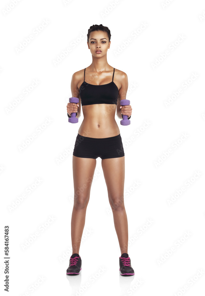 Body, woman and dumbbell exercise for fitness goals, weight loss diet or strong bodybuilding. Wellness, arm workout and portrait of training athlete girl on an isolated, transparent png background Body, woman and dumbbell exercise for fitness goals, weight loss diet or strong bodybuilding. Wellness, arm workout and portrait of training athlete girl on an isolated, transparent png background