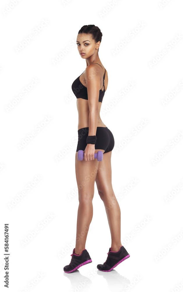 Body, woman and dumbbell exercise for fitness, weight loss diet or strong bodybuilding. Wellness, arm workout and portrait of training athlete girl on an isolated, transparent png background Body, woman and dumbbell exercise for fitness, weight loss diet or strong bodybuilding. Wellness, arm workout and portrait of training athlete girl on an isolated, transparent png background