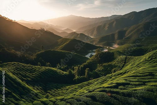 Viewpoint on the top of cameron highland, tea valley and sunrise - AI