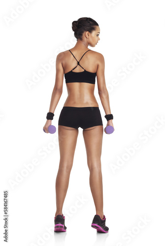 Body, woman and dumbbell exercise for back fitness, weight loss diet or strong bodybuilding. Wellness, arm workout and training athlete girl on an isolated, transparent png background
