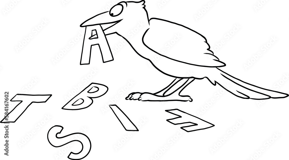 Obraz premium Cartoon eines Vogels mit dem Buchstabe A aus dem Alphabet im Schnabel beim buchstabieren, lesen und schreiben lernen für mehr Bildung und Wissen