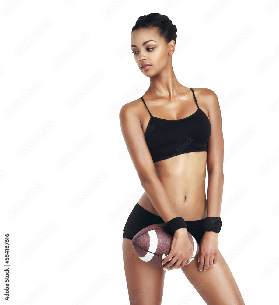 Fototapeta premium Woman body, sports and football for exercise fitness, competition game or challenge. Health portrait, workout ball and training player on an isolated and transparent png background